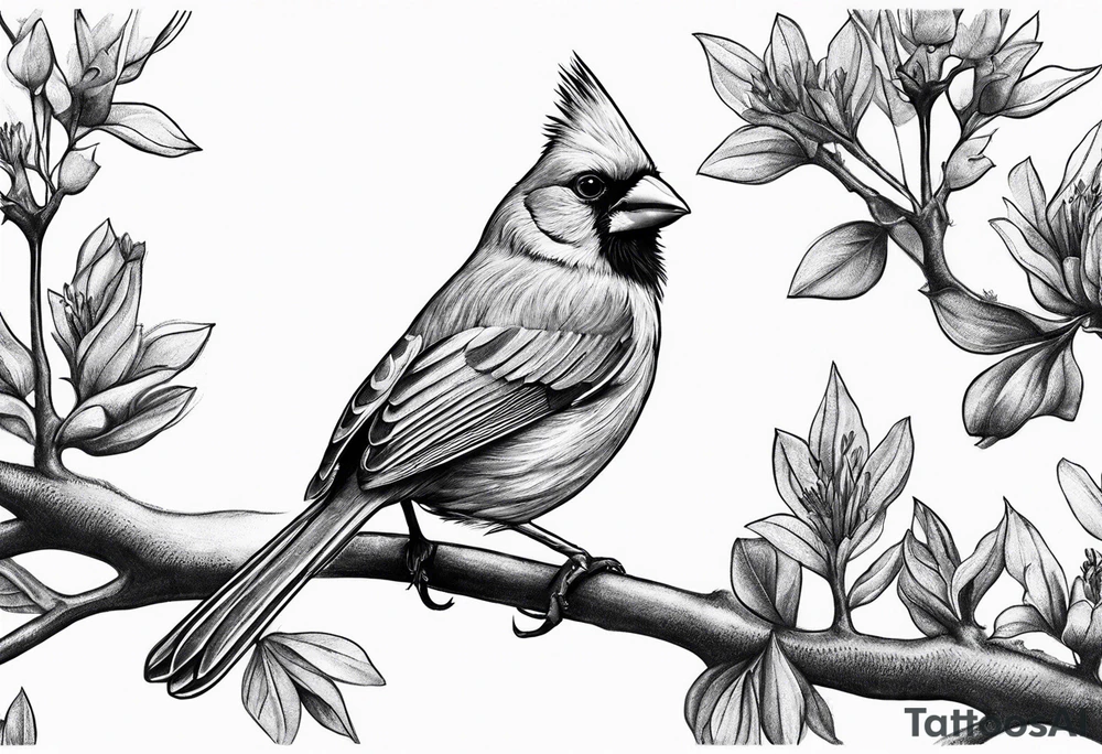 Masculine, cardinal on branch, realistic, upper arm, black and white, Hungarian tattoo idea