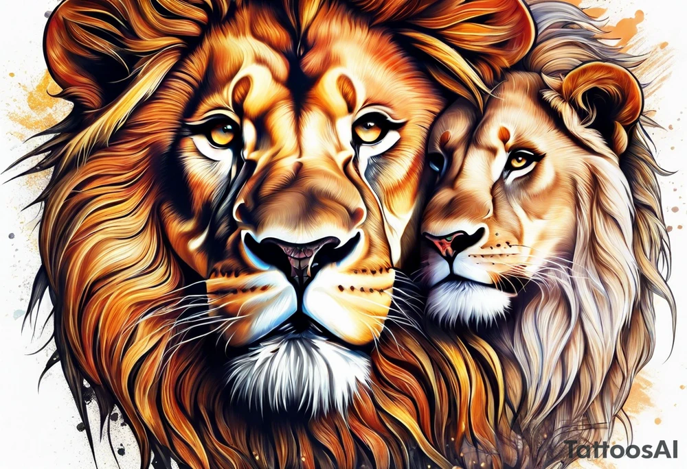 Realistic lion and lioness 
bonding tattoo idea