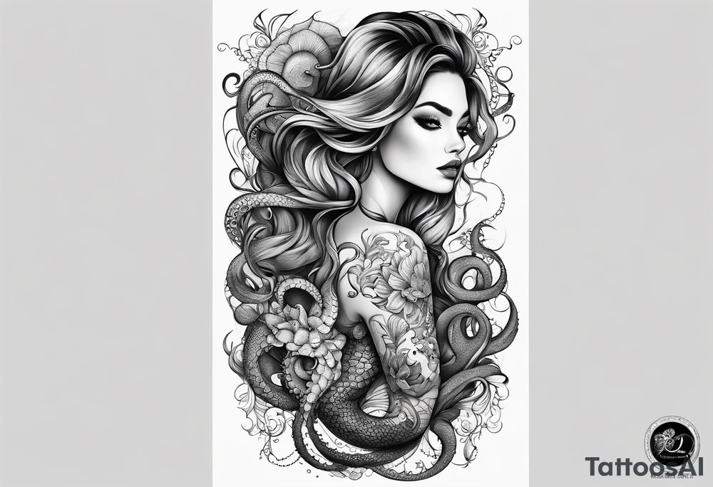 Leg sleeve with mermaid and octopus tattoo idea