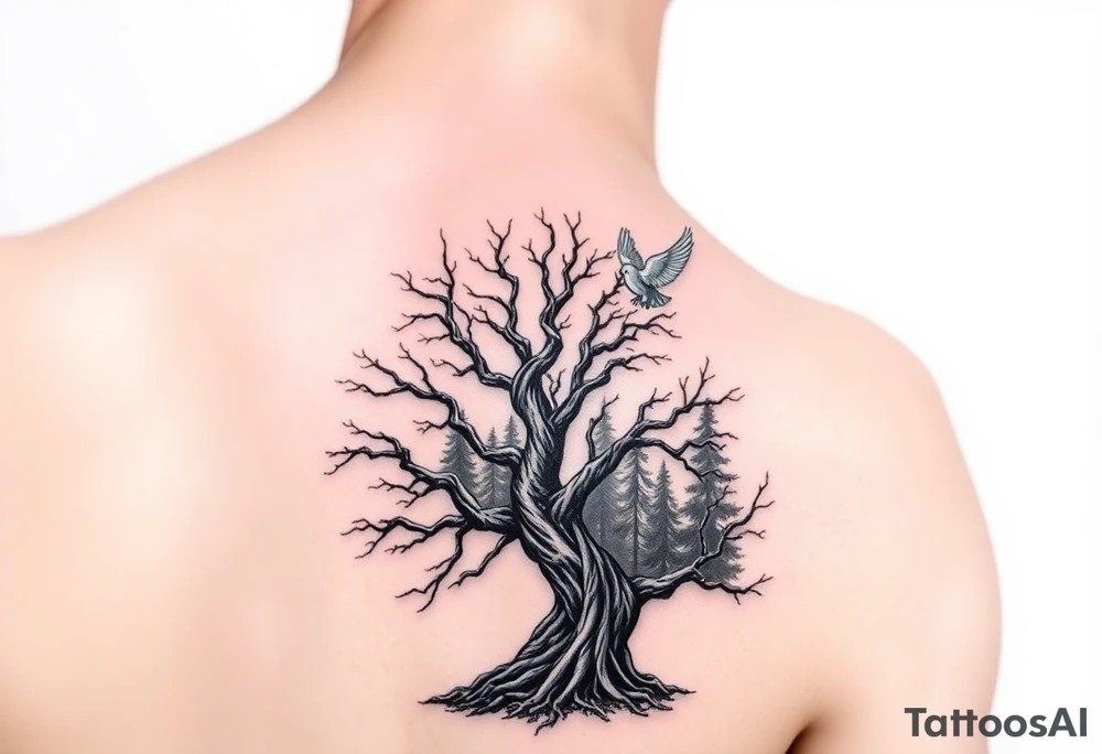"A tattoo design featuring sun rays  clearly radiating from the top of the shoulder, with a serene forest scene in the background. Incorporate a prominent 'poison tree' design, featuring twisted and gnarled branches, symbolizing duality or mystery. Add a white dove in flight in the foreground, positioned slightly above or near the tree, symbolizing peace and hope. The overall design should have a balance of contrast and shading, blending realism with a slightly surreal artistic style." MAKE SURE THE TATOO IS ON THE SHOULDER tattoo idea