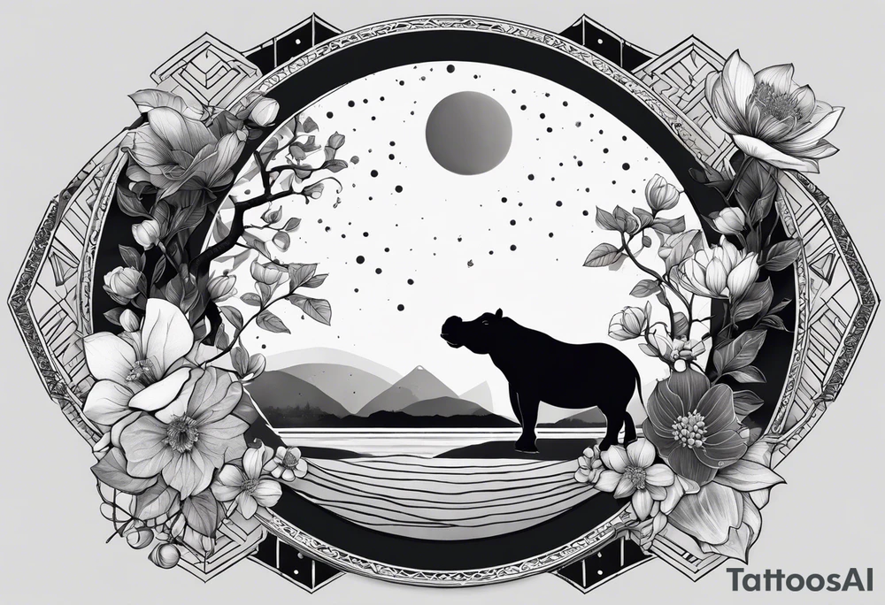 Very asymmetrical, +geometric pattern, with realistic full moon, with hippo,+tribal, +geometric, +inkart , +blackwork, +grey scale, + sketch
with wintersweet flower bud, +inkart touch, +for men, detailed , combined favourite , tattoo idea