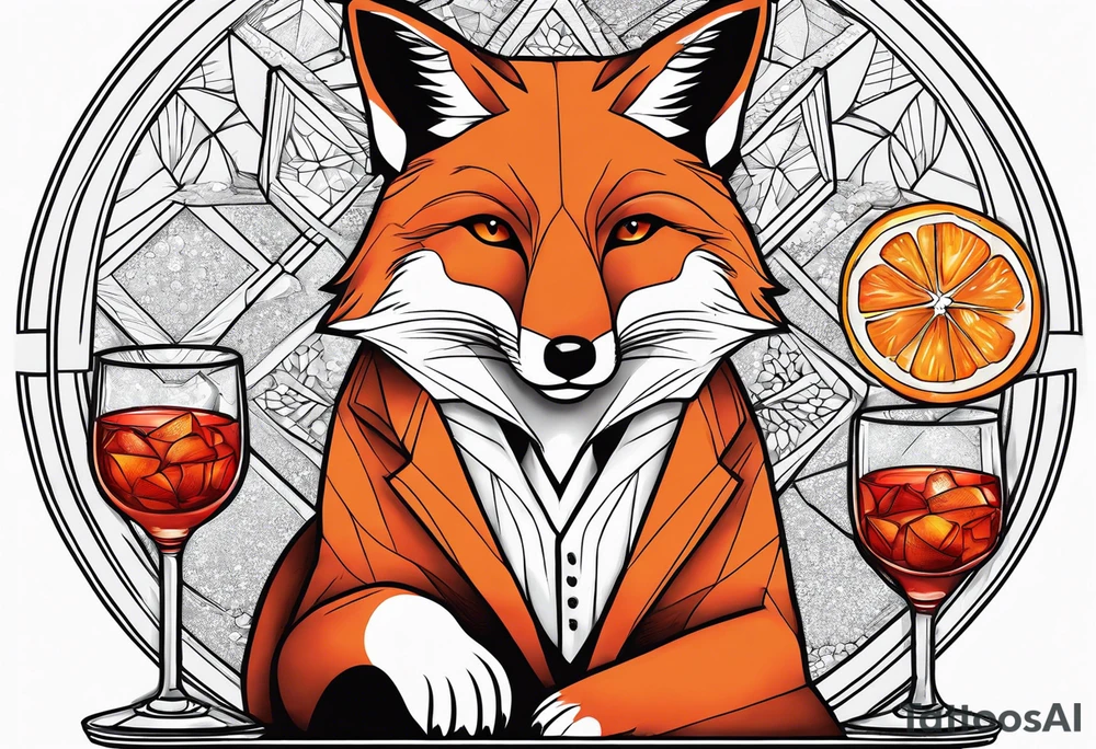 Adult fox holding a Negroni in a crystal glass with an orange peel looking forward tattoo idea