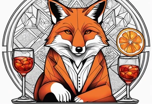 Adult fox holding a Negroni in a crystal glass with an orange peel looking forward tattoo idea