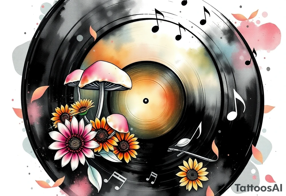 one vinyl record with mushrooms, sunflowers, and music notes tattoo idea