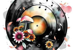 one vinyl record with mushrooms, sunflowers, and music notes tattoo idea