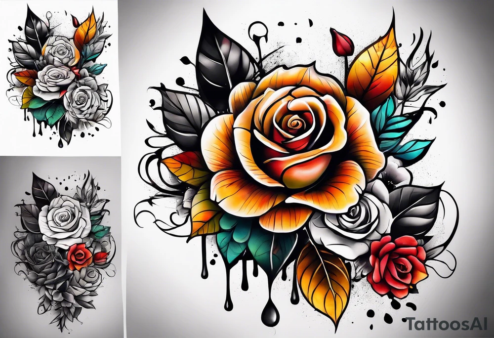 Front knee tattoo with fall colors, small flowers, rose, leaves, water flow and background using Trash Polka tattoo idea