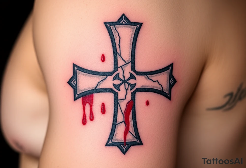 A cracked stone Templar cross with blood splatters, evoking the battle-worn history of the Knights Templar tattoo idea