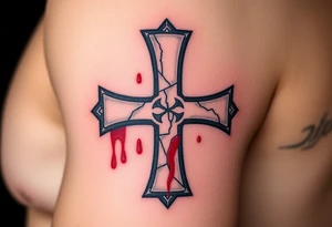 A cracked stone Templar cross with blood splatters, evoking the battle-worn history of the Knights Templar tattoo idea