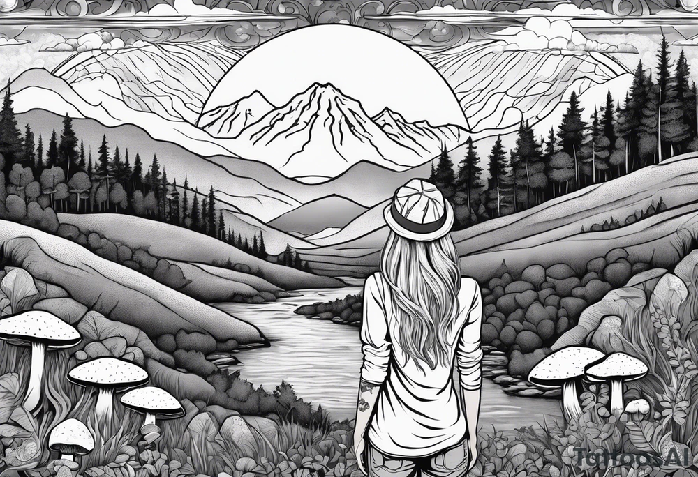 Whole picture encircled fully

Straight long blonde hair hippie girl in distance holding mushrooms in hand facing away toward mountains and creek surrounded by mushrooms long sleeve shirt and hiking pants; whole rendering within a full circle, no cut off circle tattoo idea