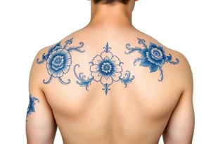 forearm sleeve porcelain blue style with ornate and floral decor with a detailed banded border at the wrist and elbow. tattoo idea