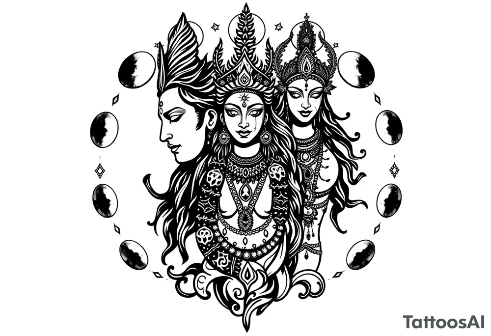 Lord Shiva, Godess Kali, Godess Lilith with the moon phases in the background tattoo idea