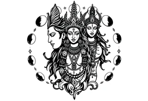Lord Shiva, Godess Kali, Godess Lilith with the moon phases in the background tattoo idea