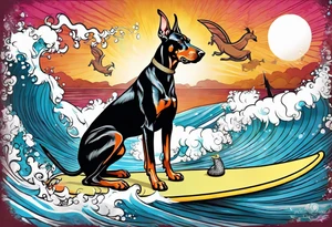 doberman smoking a cigar on a surfboard with a goat with larger horns tattoo idea