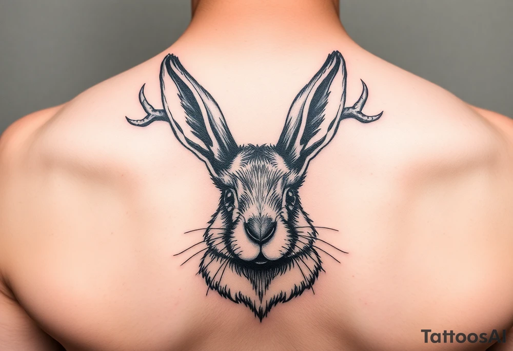 abstract jack rabbit with antlers coming out from its head, between the ears tattoo idea