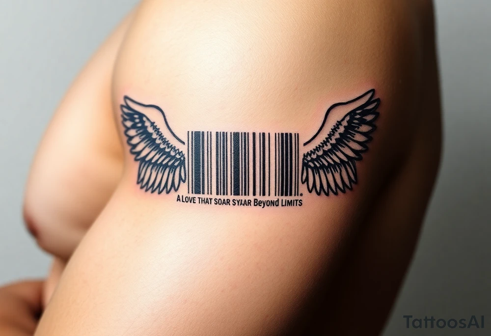 A barcode with angel wings on each side, representing a love that soars beyond limits tattoo idea
