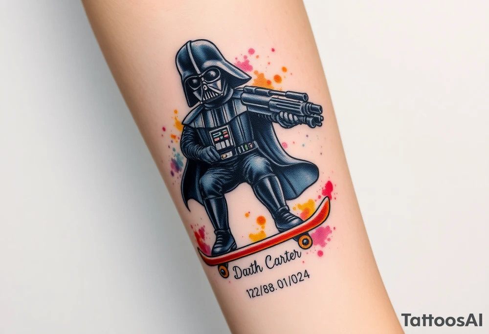 Darth Vader skateboarding with gun> bullets > memorial > god > colors > futuristic/space/star wars
add name "Darth Carter" on skateboard
add date 12/29/88-01/06/24 tattoo idea