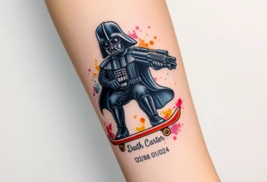 Darth Vader skateboarding with gun> bullets > memorial > god > colors > futuristic/space/star wars
add name "Darth Carter" on skateboard
add date 12/29/88-01/06/24 tattoo idea