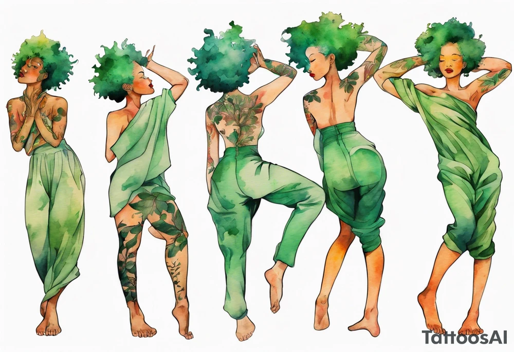 a black woman with green hair, her feet are tree roots, arms raised towards the sun tattoo idea