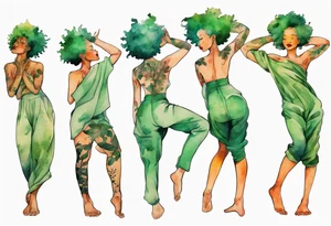 a black woman with green hair, her feet are tree roots, arms raised towards the sun tattoo idea