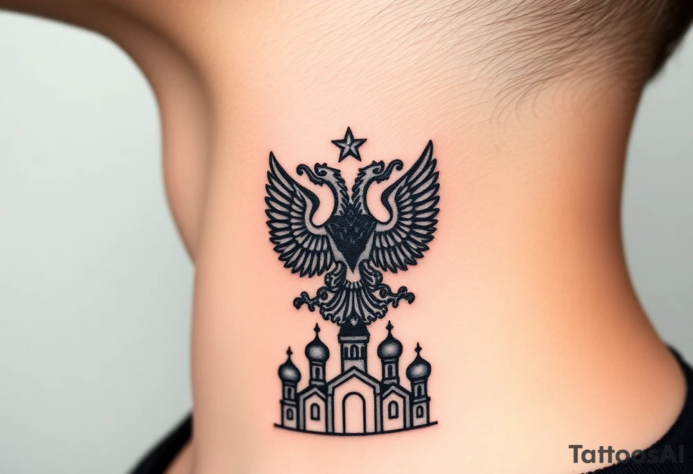 Stacked Vertical Column 

Russian star — bold
Middle: double-headed eagle — simplified, cleaner lines to suit the smaller space
Bottom: Orthodox church dome(s) & a Virgin Mary silhouette beneath tattoo idea