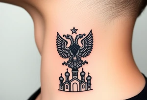 Stacked Vertical Column 

Russian star — bold
Middle: double-headed eagle — simplified, cleaner lines to suit the smaller space
Bottom: Orthodox church dome(s) & a Virgin Mary silhouette beneath tattoo idea