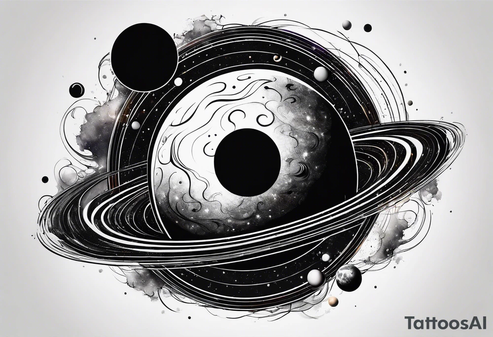 Half sleeve tattoo of planets orbiting a black hole. tattoo idea