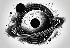 Half sleeve tattoo of planets orbiting a black hole. tattoo idea