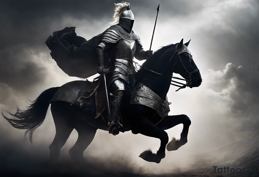 Dark art of the first horseman of the apocalypse. Wearing iron armor with a crown-shaped helmet, carrying a bow and arrows in one hand, he rides a white horse that is strong and slender, wearing shiny ornaments on his face. It is not possible to see the face of the horseman, who is obscured by the darkness and fog of the image. It is important that the horseman is facing the image and that the image shows the entire body of both the horse and the rider. tattoo idea