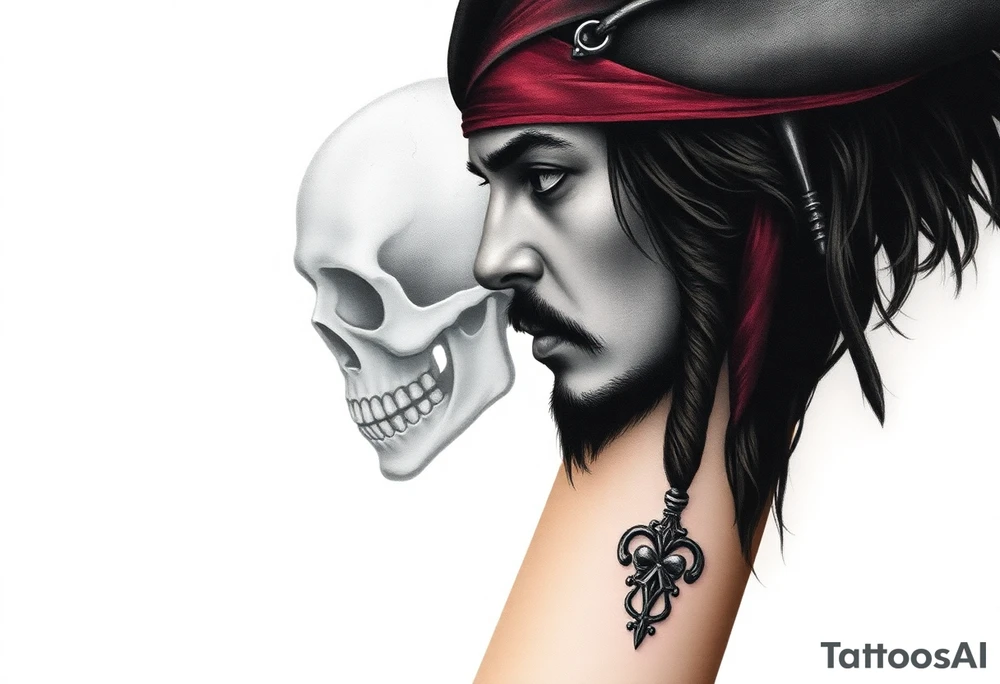 A side-profile portrait of Jack Sparrow with a shadowy skull in the background, symbolizing his connection to death and the supernatural, shaded in grayscale with faint red and gold highlights tattoo idea