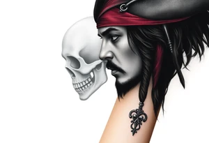 A side-profile portrait of Jack Sparrow with a shadowy skull in the background, symbolizing his connection to death and the supernatural, shaded in grayscale with faint red and gold highlights tattoo idea