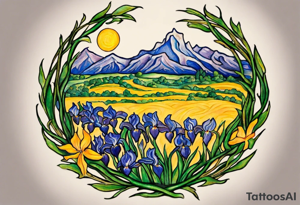 Create a small colorful Vincent van Gogh Irises tattoo in the form of a crescent, with vines or Celtic knots gracefully intertwining at a central point in the middle of the wreath.  In the middle of the wreath are mountains and other items found in New Mexico. Ensure that the design avoids the appearance of a bush and maintains a more structured and deliberate arrangement. The intended placement is on the upper chest. The overall design should be small in size while maintaining a delicate and artistic aesthetic. Pay attention to the graceful flow of the vines and the placement of the irises to achieve a refined and elegant look. tattoo idea