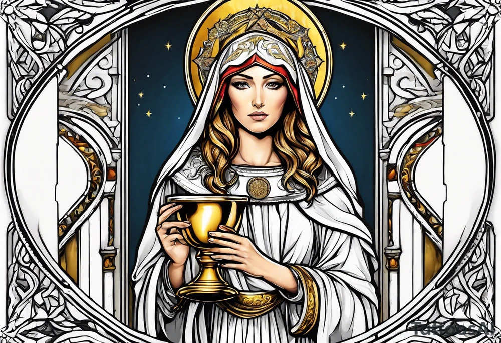 holy saint woman turned away with golden halo holding a chalice tattoo idea