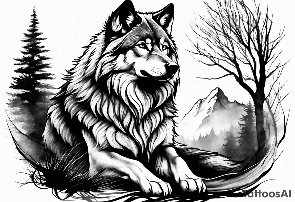 Fluffy wolf sitting tattoo idea