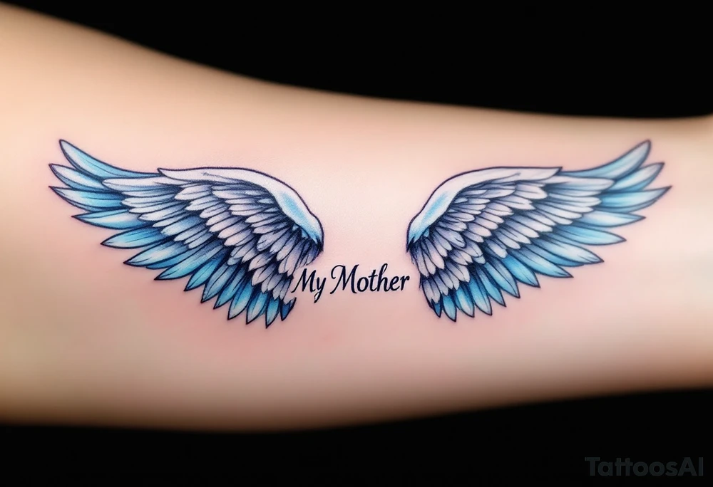 A pair of angel wings in light blue and lavender with “My Mother” between them. tattoo idea