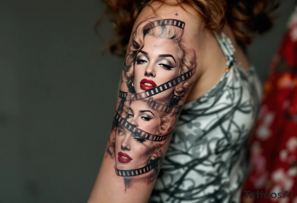 A filmstrip tattoo with several Marilyn Monroe expressions in black and grey with one red-lipped close-up. tattoo idea