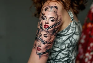 A filmstrip tattoo with several Marilyn Monroe expressions in black and grey with one red-lipped close-up. tattoo idea