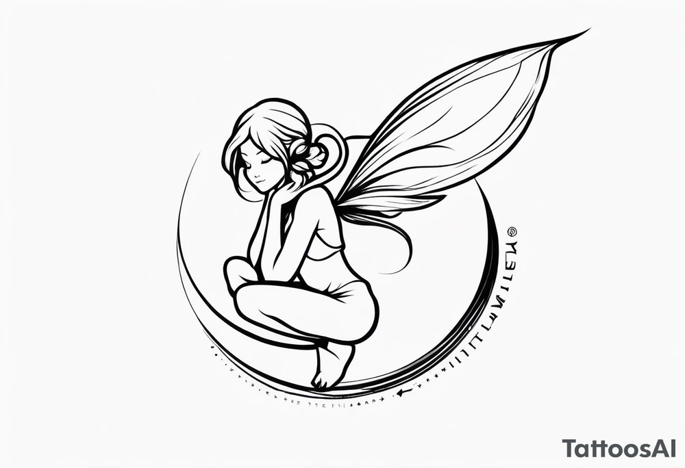 Minimalistic, monochromatic fairy with a tail flying to the left in a fetal position, leaning and looking in the same direction, with visible hands, embodying the 'Fairy Tail' logo aesthetic. tattoo idea