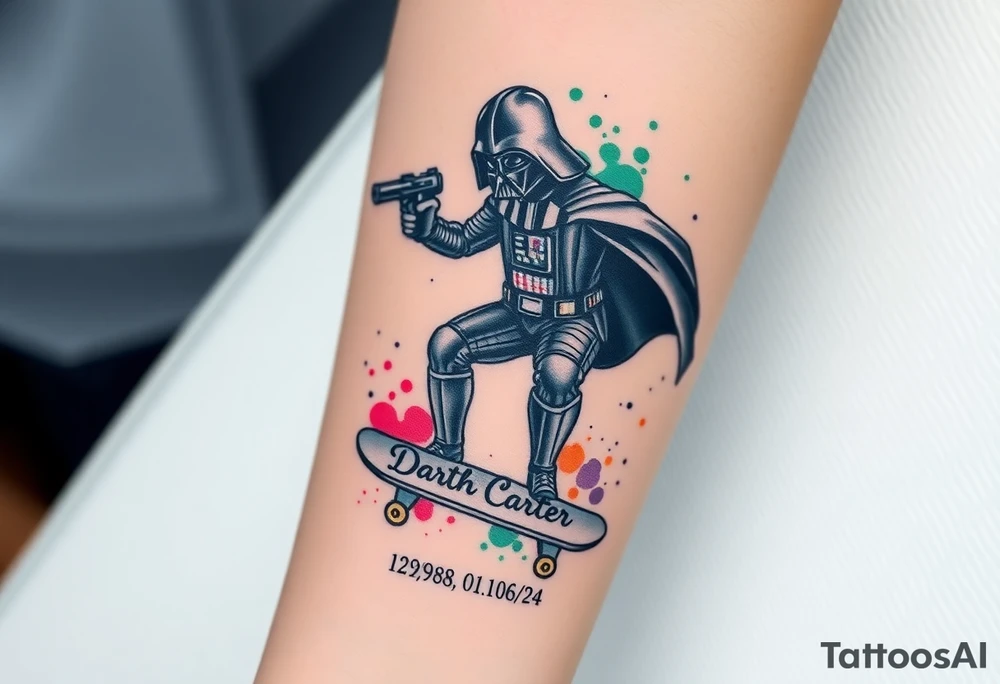 Darth Vader skateboarding with gun> bullets > memorial > god > colors > futuristic/space/star wars
add name "Darth Carter" on skateboard
add date 12/29/88-01/06/24 tattoo idea
