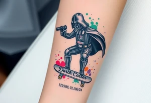 Darth Vader skateboarding with gun> bullets > memorial > god > colors > futuristic/space/star wars
add name "Darth Carter" on skateboard
add date 12/29/88-01/06/24 tattoo idea