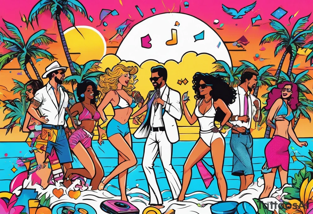 1980's miami vice style beach dance 
party, include confetti, music notes, boom box, bikinis sunset in the center tattoo idea