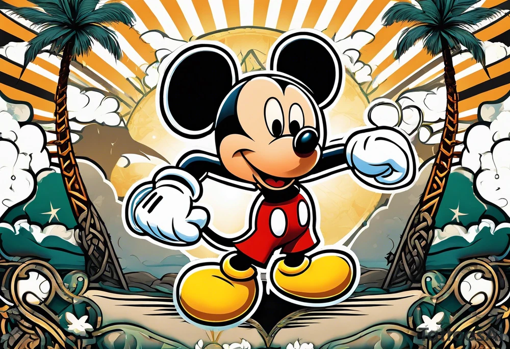 mickey mouse doing martial arts with palm trees, lightning storm and the celtic symbol for family tattoo idea