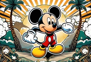 mickey mouse doing martial arts with palm trees, lightning storm and the celtic symbol for family tattoo idea
