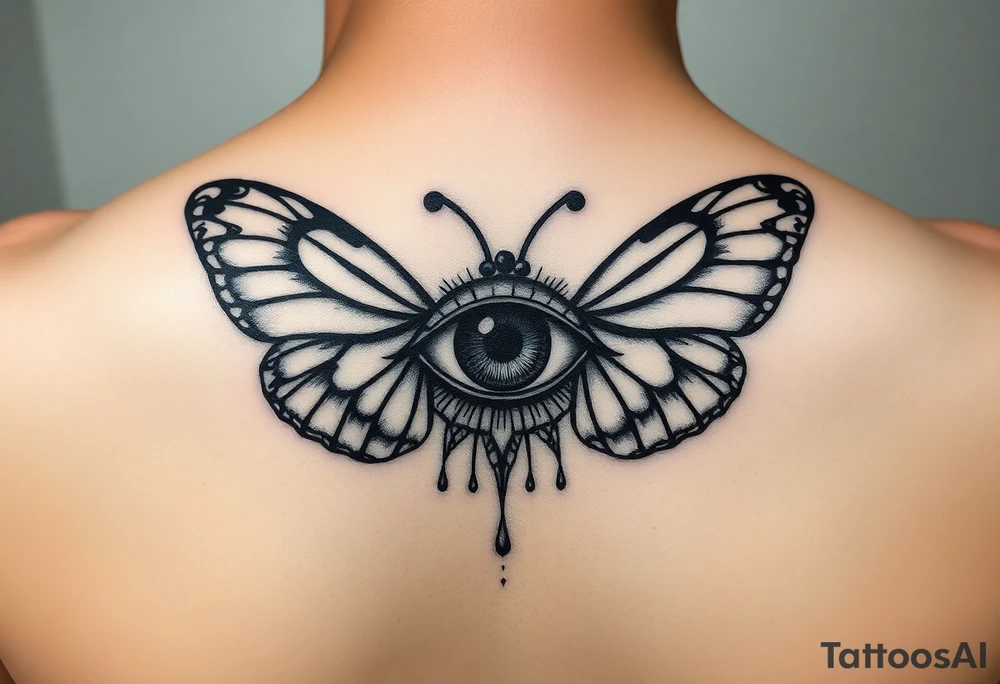 Throat tattoo eye with butterfly wings around it tattoo idea