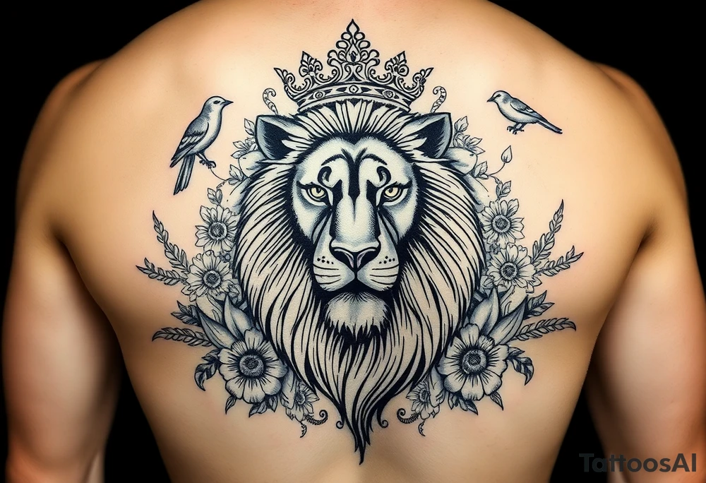 powerful majestic lion with a crown, surrounded by floral ornaments and birds tattoo idea