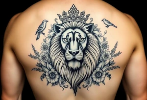 powerful majestic lion with a crown, surrounded by floral ornaments and birds tattoo idea