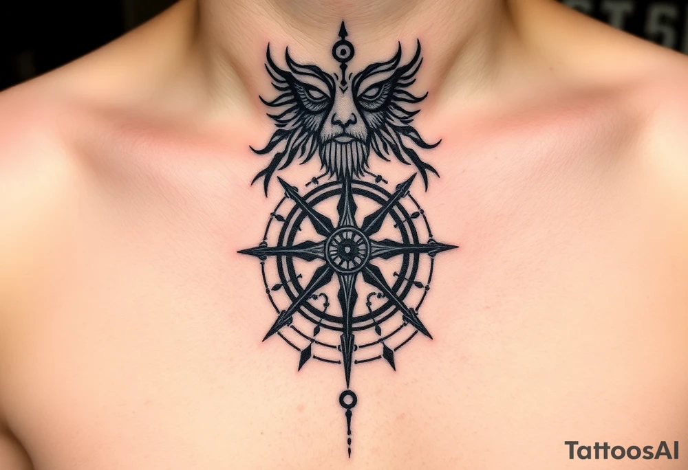 This tattoo is an ancient mark of power, as if carved not with ink, but with blood and time. Its vertical composition resembles a ritual totem that connects the three levels of existence: spirit, body, and path.

At the center lies a sacred runic symbol — a seal of inner strength and protection. It serves as a key to hidden knowledge and a talisman for one who walks their own path without looking back.
The broken lines and scarred ink appear as if the symbol was drawn in a trance, during an ancient ritual.

The upper part resembles the face of a forgotten god or a guardian spirit watching from above. The lower part is a runic compass of fate, guiding through chaos, darkness, and trials.
Every stroke is a spell. Every symbol is an oath.

This tattoo is not for everyone.
It is for those who embrace the shadow, are unafraid of the darkness, and know that true power is born within. tattoo idea