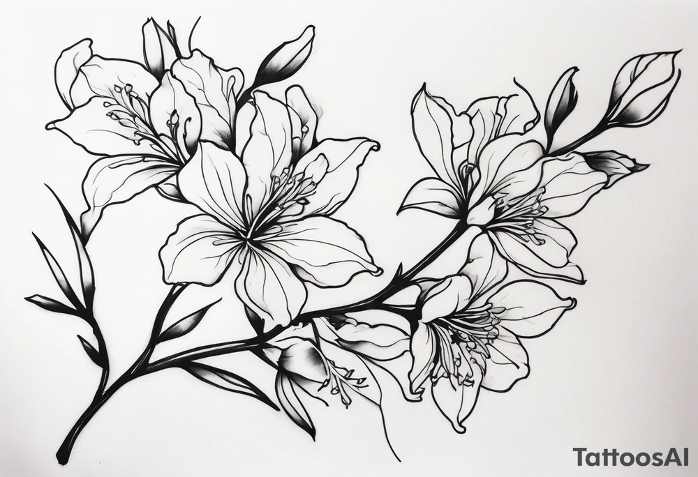 5-petal Azaleas, spread out along a long branch tattoo idea
