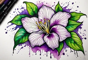 A mystical outline of a dipladenia flower and a green/purple watercolor splatter in the background to make the flower mainly green with purple highlights tattoo idea