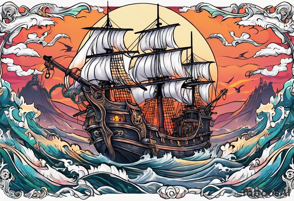 multiple skull pirates together with a sea serpent dragon with a sunset background and sexy wenches tattoo idea