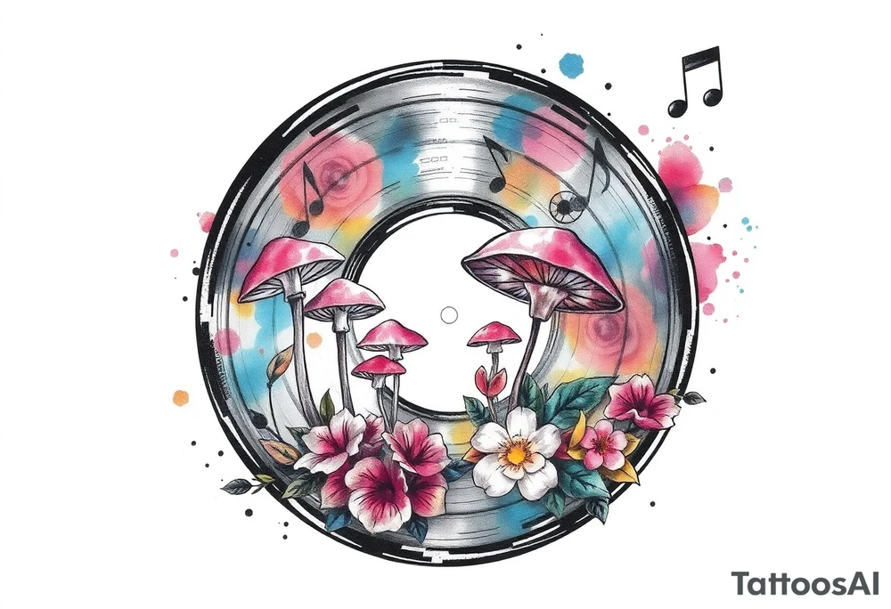 vinyl record with mushrooms, flowers, and music notes tattoo idea
